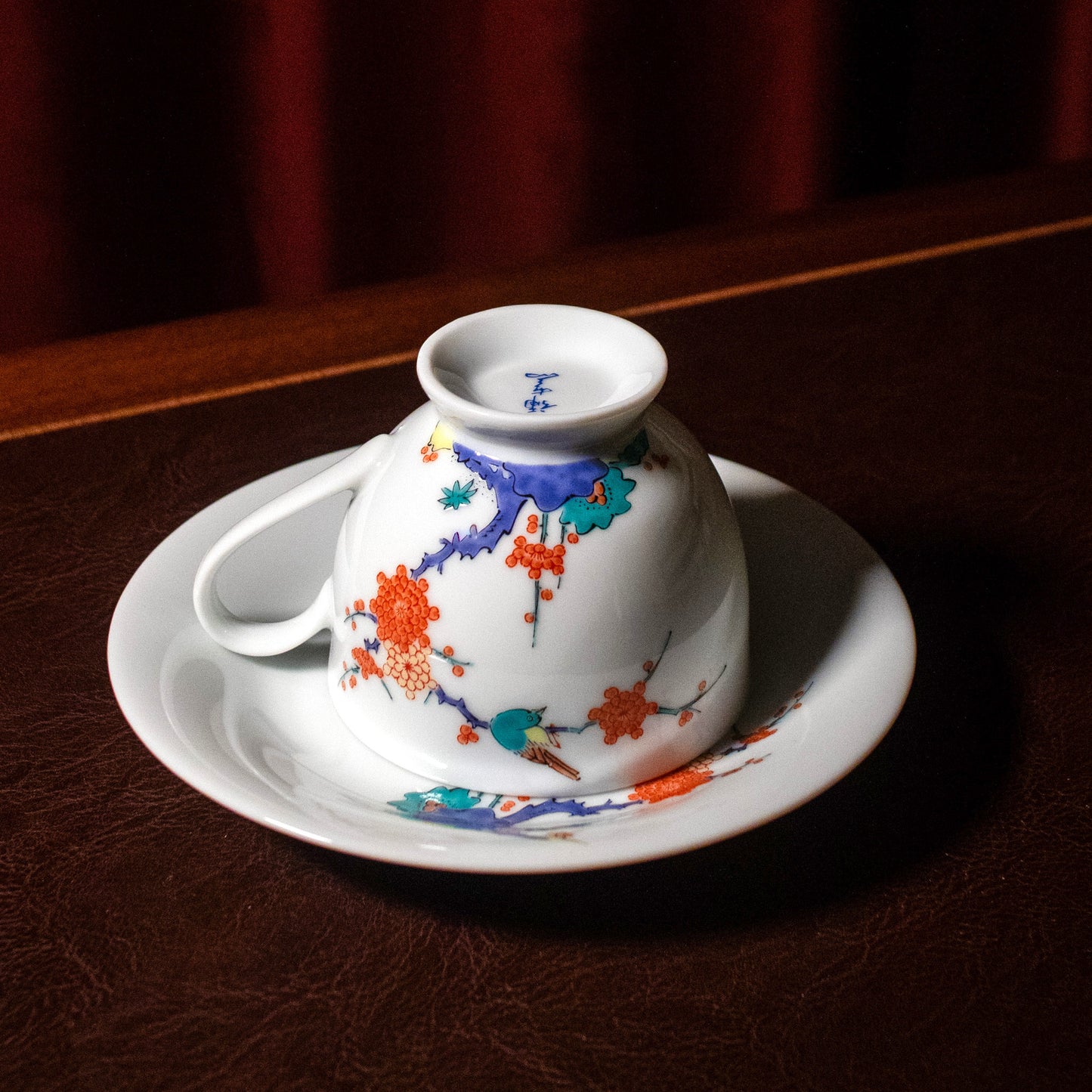 Kakiemon-style plum blossoms and birds tea cup and saucer set (Arita-ware)